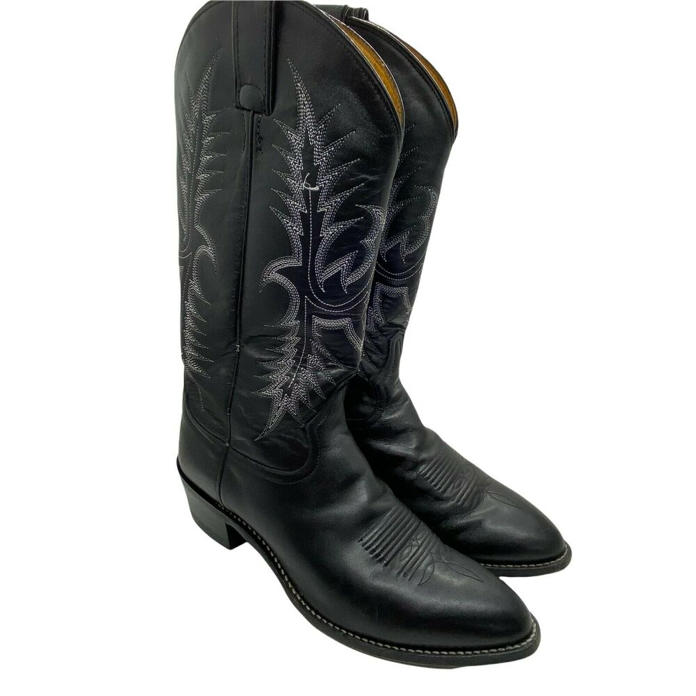 Tony Lama Western Boots size 9 Men's Black Leather Almond Toe Pull On Block Heel